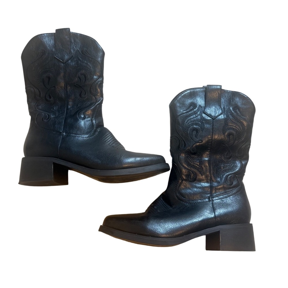 ISNOM Western Cowboy Boots Womens 8 Black Good Embroidered Square Toe Side Zip
